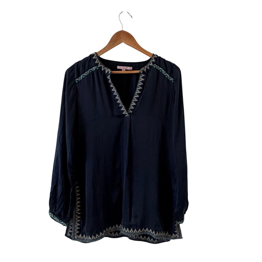 Calypso St. Barth Silk Embroidered Tunic Top Womens S Navy Blue Boho Resort